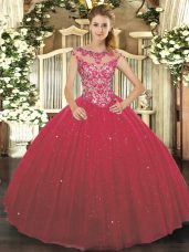 Deluxe Floor Length Wine Red Quinceanera Dresses Tulle Cap Sleeves Beading and Appliques