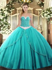 Turquoise Ball Gown Prom Dress Tulle Brush Train Sleeveless Appliques