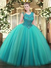 Turquoise Quinceanera Dresses Military Ball and Sweet 16 and Quinceanera with Beading Scoop Sleeveless Zipper