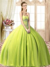 Deluxe Floor Length Lace Up Ball Gown Prom Dress Yellow Green for Military Ball and Sweet 16 and Quinceanera with Beading
