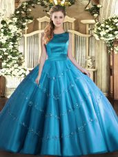 Sweet Floor Length Lace Up Sweet 16 Quinceanera Dress Aqua Blue for Military Ball and Sweet 16 and Quinceanera with Appliques