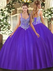 Purple Tulle Lace Up V-neck Sleeveless Floor Length Sweet 16 Quinceanera Dress Beading