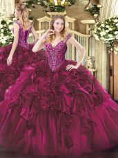 Best Sleeveless Floor Length Beading and Ruffles Lace Up Sweet 16 Dress with Fuchsia