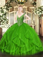 Ball Gowns V-neck Sleeveless Tulle Floor Length Lace Up Beading and Ruffles Ball Gown Prom Dress