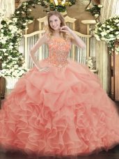 Flirting Baby Pink Ball Gowns Beading and Ruffles 15th Birthday Dress Zipper Organza Sleeveless Floor Length