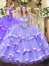 High End Lavender Quinceanera Gown Military Ball and Sweet 16 and Quinceanera with Beading and Ruffled Layers Scoop Sleeveless Lace Up