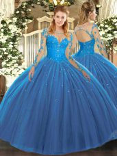 Teal Ball Gowns Lace 15 Quinceanera Dress Lace Up Tulle Long Sleeves Floor Length