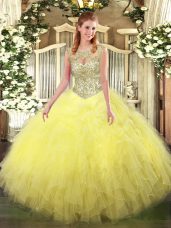 Affordable Scoop Sleeveless Lace Up Quinceanera Dresses Yellow Tulle