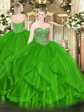 Top Selling Sweetheart Sleeveless 15 Quinceanera Dress Floor Length Beading and Ruffles Green Tulle