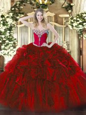 Amazing Wine Red Sweetheart Neckline Beading and Ruffles Ball Gown Prom Dress Sleeveless Lace Up