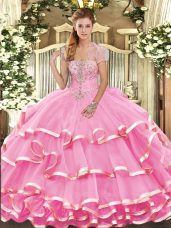 Floor Length Rose Pink Ball Gown Prom Dress Organza Sleeveless Appliques and Ruffled Layers