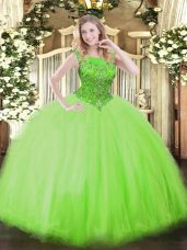 High End Ball Gowns Tulle Scoop Sleeveless Beading Floor Length Zipper Quinceanera Gown