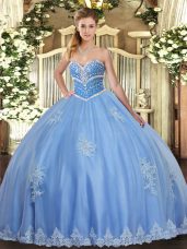 Custom Fit Blue Tulle Lace Up Sweetheart Sleeveless Floor Length Ball Gown Prom Dress Beading and Appliques