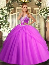 Traditional Floor Length Lace Up Vestidos de Quinceanera Lilac for Military Ball and Sweet 16 and Quinceanera with Beading and Pick Ups