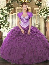 Glittering Organza Sweetheart Sleeveless Lace Up Beading and Ruffles Quinceanera Gowns in Eggplant Purple