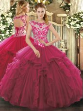 Great Fuchsia Ball Gowns Scoop Sleeveless Organza Floor Length Lace Up Beading and Ruffles Quinceanera Gowns