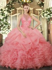 Luxurious Watermelon Red 15th Birthday Dress Military Ball and Sweet 16 and Quinceanera with Beading and Ruffles and Pick Ups Halter Top Sleeveless Lace Up