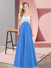 Blue One Shoulder Criss Cross Beading Prom Gown Sleeveless