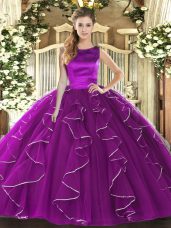 Amazing Eggplant Purple Sleeveless Floor Length Ruffles Lace Up Vestidos de Quinceanera