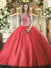 Beading Quinceanera Dresses Red Lace Up Sleeveless Floor Length