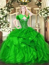 Sexy Green Ball Gowns Beading and Ruffles Ball Gown Prom Dress Lace Up Organza Sleeveless Floor Length