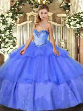 Blue Quinceanera Gowns Military Ball and Sweet 16 and Quinceanera with Beading and Ruffled Layers Sweetheart Sleeveless Lace Up