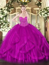 Fuchsia Lace Up Sweetheart Beading and Ruffles Quince Ball Gowns Tulle Sleeveless