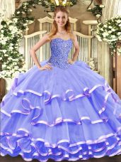 Inexpensive Lavender Sleeveless Organza Lace Up Quinceanera Gowns for Military Ball and Sweet 16 and Quinceanera