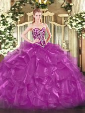 Fuchsia Sweetheart Lace Up Beading and Ruffles Sweet 16 Quinceanera Dress Sleeveless