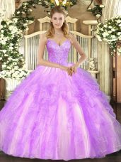 Lilac Lace Up V-neck Beading and Ruffles 15 Quinceanera Dress Tulle Sleeveless