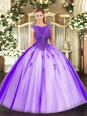 Ball Gowns Quinceanera Dresses Purple Scoop Tulle Sleeveless Floor Length Zipper