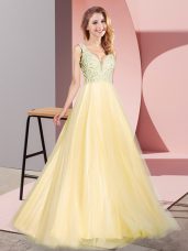 Charming Lace Casual Dresses Gold Zipper Sleeveless Floor Length