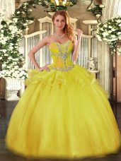 Hot Selling Gold Lace Up Sweetheart Beading Quinceanera Gowns Tulle Sleeveless