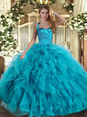 Teal Lace Up Quinceanera Gowns Ruffles Sleeveless Floor Length