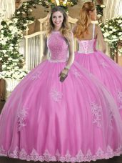Luxurious Sleeveless Tulle Floor Length Lace Up Quinceanera Gown in Rose Pink with Beading and Appliques