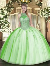 Lace Up Halter Top Beading and Appliques 15th Birthday Dress Tulle Sleeveless