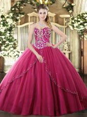 Hot Pink Tulle Lace Up Sweetheart Sleeveless Quinceanera Dress Brush Train Beading