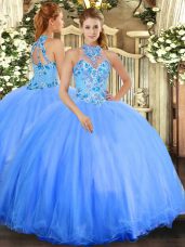 Chic Blue Tulle Lace Up Sweet 16 Dresses Sleeveless Floor Length Embroidery