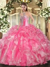 Perfect Sweetheart Sleeveless Lace Up Sweet 16 Dresses Rose Pink Organza