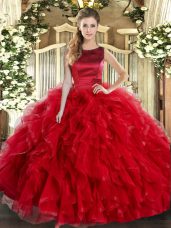 Flare Red Ball Gowns Scoop Sleeveless Tulle Floor Length Lace Up Ruffles Quinceanera Dress