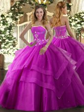Captivating Fuchsia Tulle Lace Up 15 Quinceanera Dress Sleeveless Floor Length Beading and Ruffled Layers