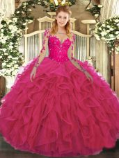 Sweet Ball Gowns Sweet 16 Dress Hot Pink Scoop Tulle Long Sleeves Floor Length Lace Up