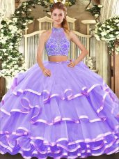 Lavender Sleeveless Floor Length Beading and Ruffled Layers Criss Cross Quince Ball Gowns