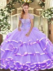 Beading and Ruffled Layers Quinceanera Dresses Lavender Lace Up Sleeveless Floor Length