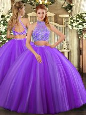 Halter Top Sleeveless Tulle Vestidos de Quinceanera Beading Criss Cross