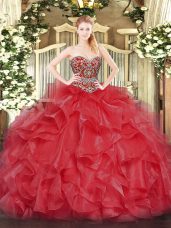 Attractive Beading Sweet 16 Dress Coral Red Lace Up Sleeveless Floor Length