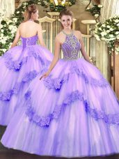 Floor Length Lavender Quinceanera Gown Halter Top Sleeveless Lace Up