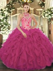 Ball Gowns Quinceanera Gowns Hot Pink Halter Top Organza Sleeveless Floor Length Lace Up