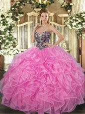 Rose Pink Organza Lace Up 15th Birthday Dress Sleeveless Floor Length Beading and Ruffles