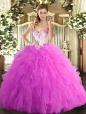Beading and Ruffles 15 Quinceanera Dress Rose Pink Lace Up Sleeveless Floor Length